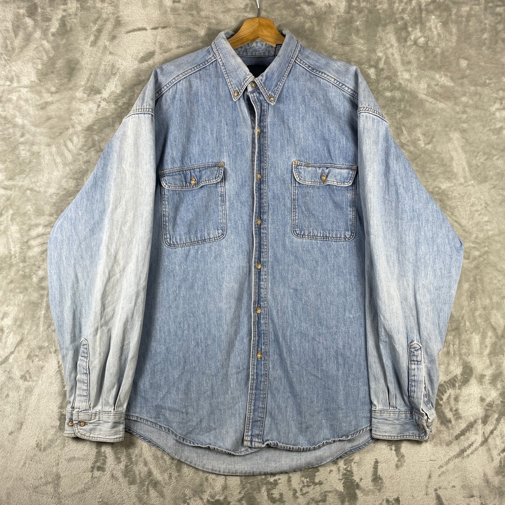 Vintage 90s GAP Denim Shirt Mens XXL Light Blue Long Sleeve Made in USA